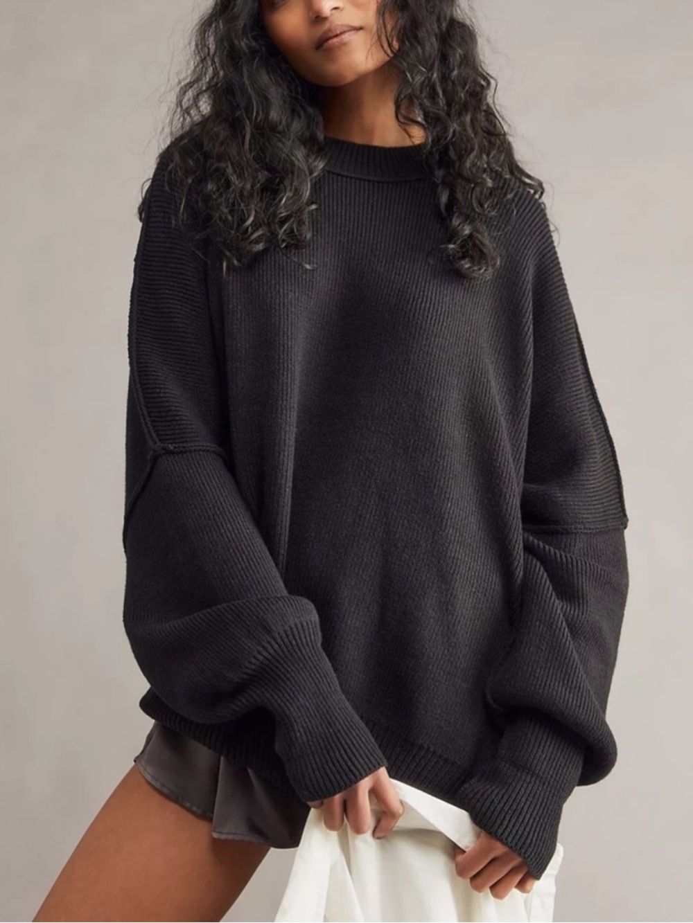 Free people easy street tunic oversized ribbed knit sweater black sz medium